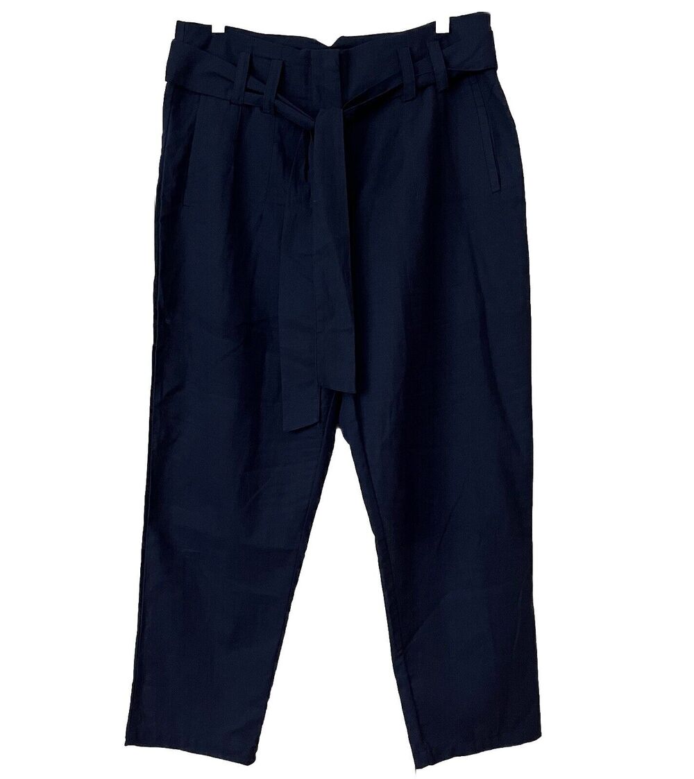 Aqua Linen Blend Belted straight cropped pants, Navy blue, size L, with pockets.